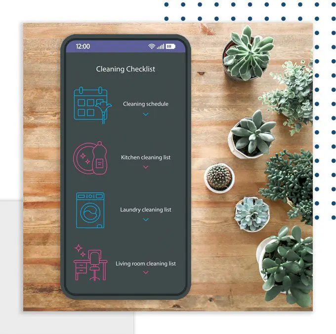 Ask Cindy How a mobile phone with a cleaning checklist