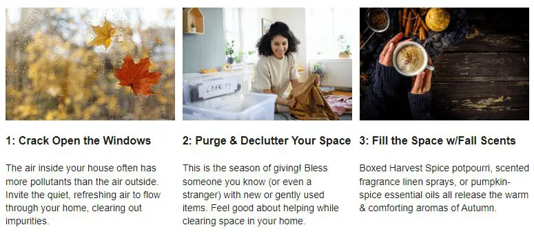 A collage of images: a rainy window with fall leaves stuck to it, a woman folding laundry, and hands with a mug of herbal tea with fall spices