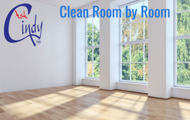 an empty white room with large windows, the 'Ask Cindy" logo and the text "Clean room by room"