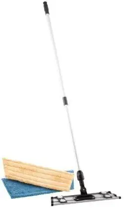 A white pole with a black handle and a wooden base.