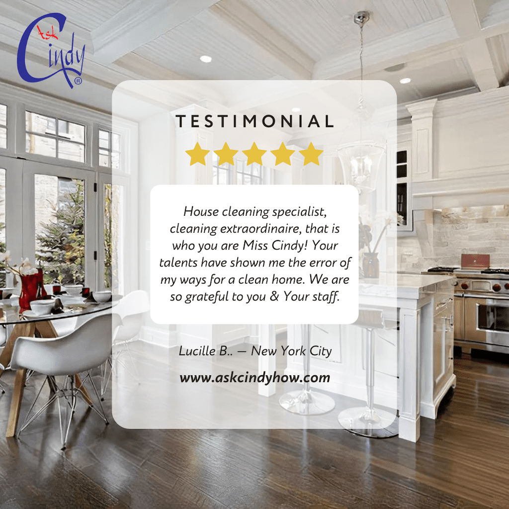 A picture of the inside of a house with a testimonial.