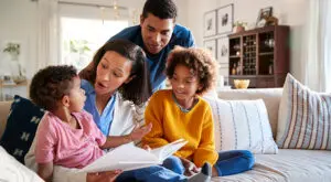 Family Reading in Clean Living Room