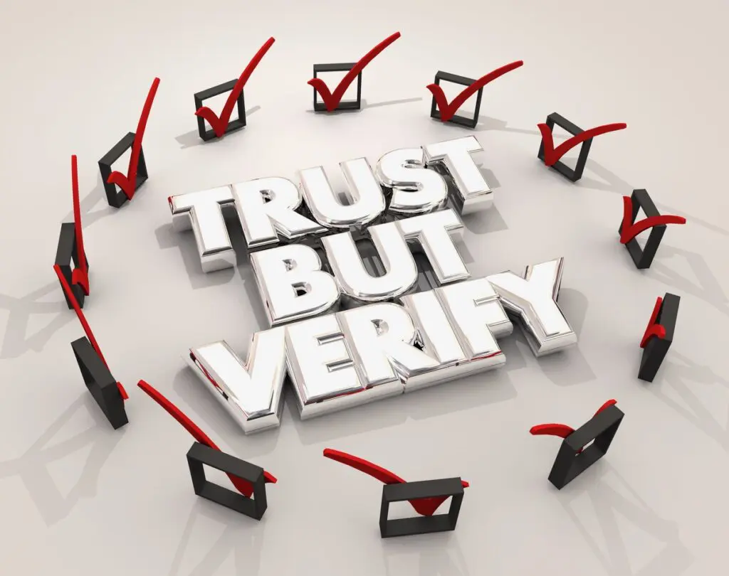 Trust but Verify statement surrounded by 12 check off boxes