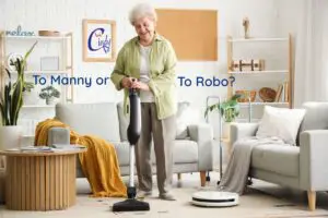 A female senior citizen using a manual vacuum and a robotic vacuum
