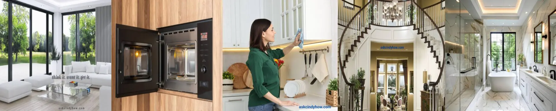 ask cindy how to clean a home with a banner collage of photos showcasing beautiful clean rooms in a house