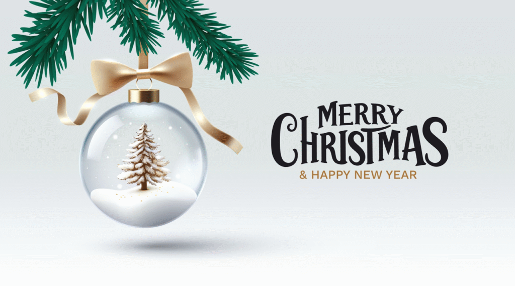 A single christmas ornament hanging from an evergreen branch with the text Merry Christmas & a happy new year, happy holidays