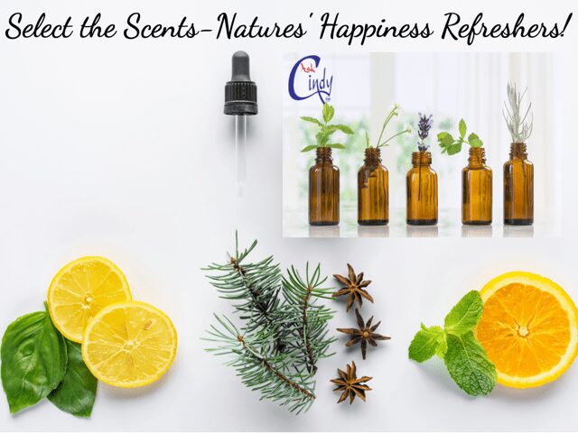 Text on image: Select the Scents-Natures' Happiness Refreshers!", several bottles of essential oils, anise, rosemary, lemon and orange slices