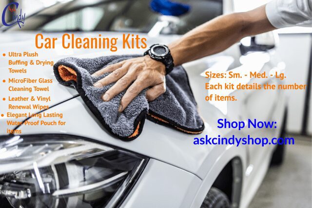 a man 's hand using a ultra plush microfiber towel to wash and dry the car, Text on image: "Car Cleaning Kits" "askcindyshop.com"