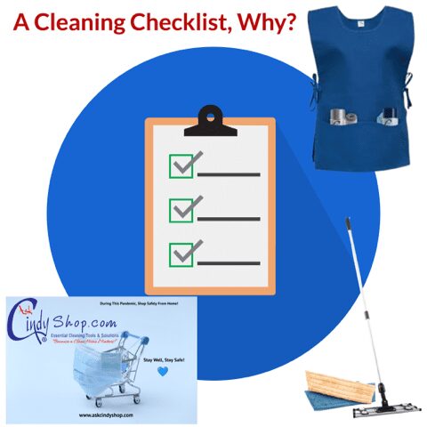 A blue circular background with a illustrated clipboard in the center. A blue smock in the upper right hand corner containing cleaning products and the "AskCindyShop logo in the lower left corner with a shopping cart