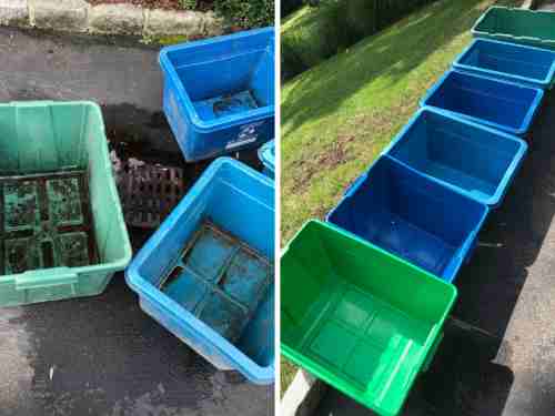 green and blue recycle and garbage bins