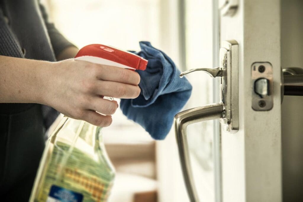 A person holding a spray bottle and cleaning cloth.