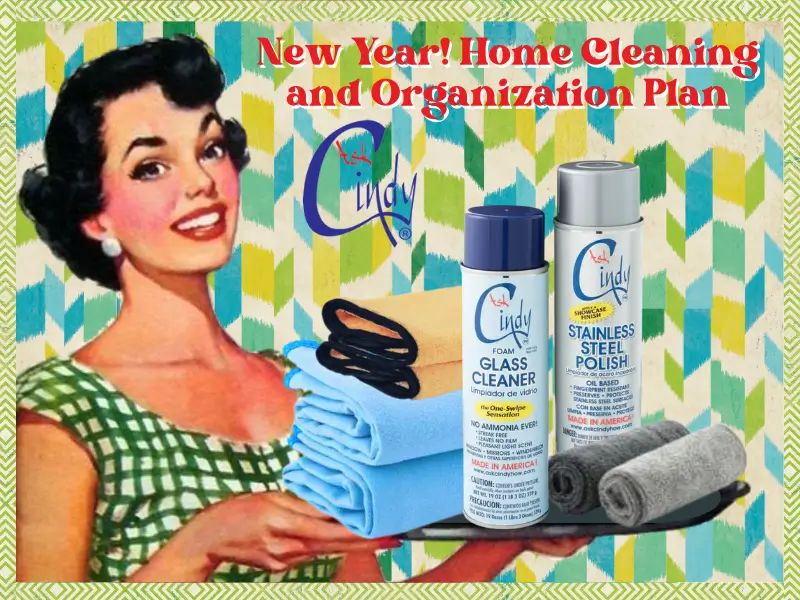 1950s style drawing of a woman in a green dress holding Ask Cindy’s original cleaning products with caption, “New Year! Home Cleaning and Organization Plan”