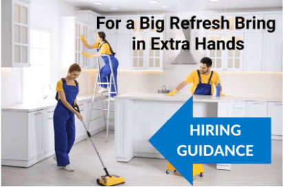 A cleaning crew wearing blue and yellow are cleaning a spotless kitchen with text overlay, "For a big refresh bring in extra hands".