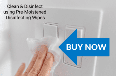A hand holding a disinfecting wipe is cleaning a light switch with relevant text overlay.