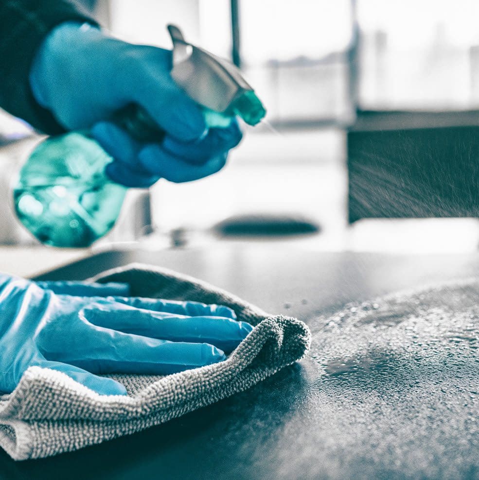 A person wearing gloves and cleaning spray bottle.