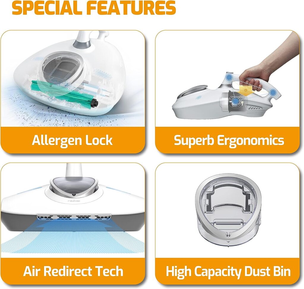 decorative image showing the special features of the raycop rn bed vacuum cleaner