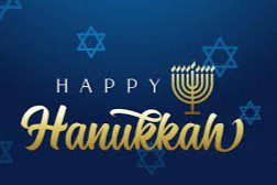 A blue background with gold lettering and a menorah.