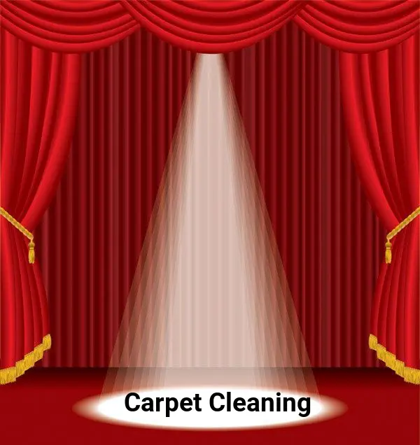a stage with a spotlight and red velvet curtains with the title "Carpet Cleaning"