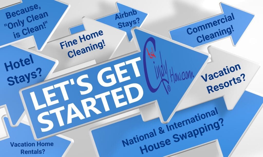Illustration of blue arrows with text "Lets Get Started", ask cindy how logo