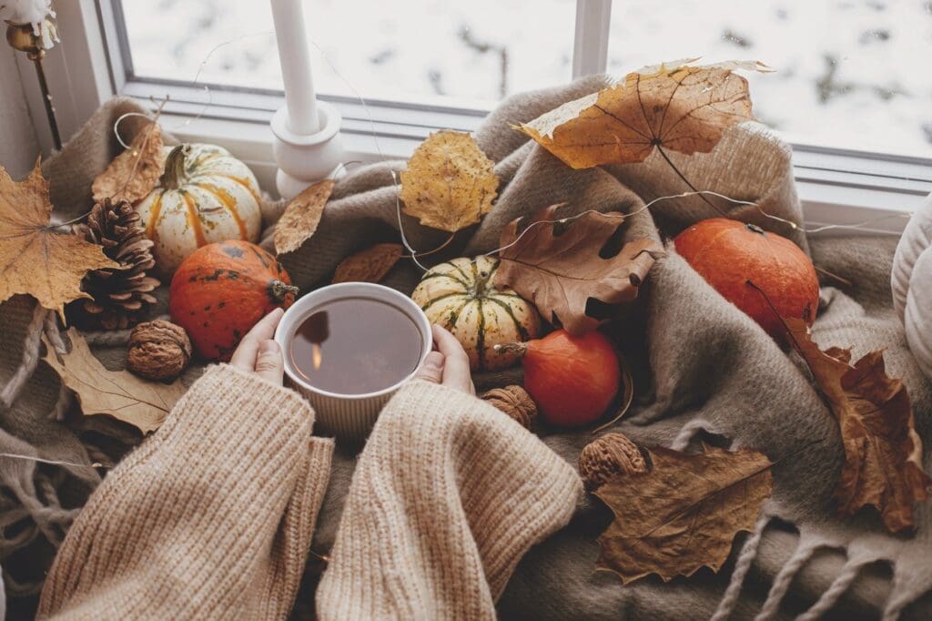 a cup of herbal tea being held by a woman's hands leaning on a window sill decorated with heirloom pumpkins and autumn leaves 