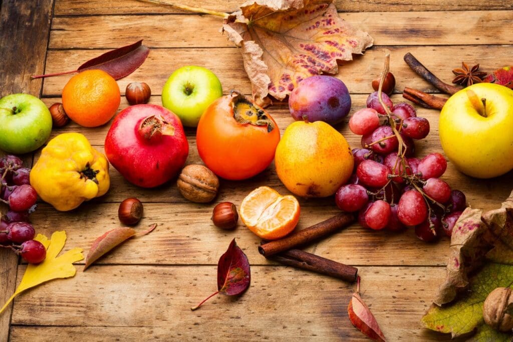 a collection of fall fruits