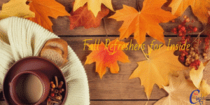 a mug of hot chocolate with herbs and toast on a background of autumn leaves, fall refreshers for the inside