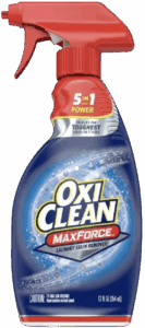Red and blue colored bottle of Oxi Clean stain remover for laundry and other fabric covered items