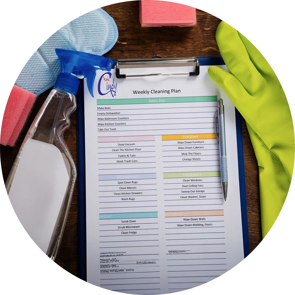 a clipboard containing the weekly cleaning plan