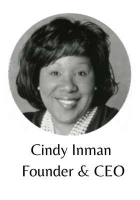 A black and white photo of a woman with the words " cindy inman founder & ceo ".